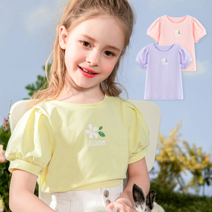 女童短袖T恤夏季 儿童公主中大童泡泡袖半袖圆领黄色套头紫色甜美