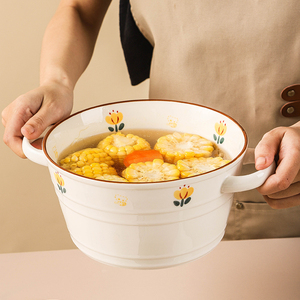 日式双耳汤碗家用10英寸大号面碗螺蛳粉碗大容量盛汤大碗陶瓷汤盆