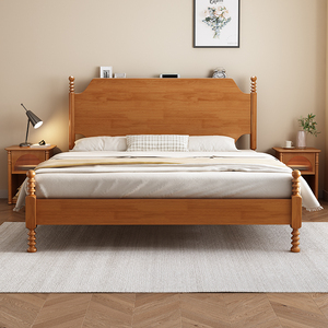 北欧简约全实木床 美式复古1.8米小户型家具樱桃木色主卧双人床铺