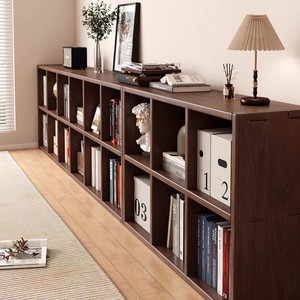 实木书架置物架家用落地矮柜胡桃色自由组合书柜多格储物收纳柜子