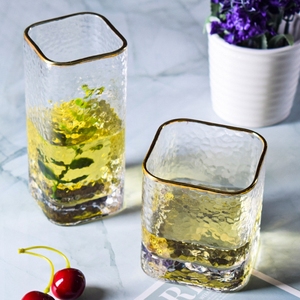 日式锤纹金边玻璃水杯 方形玻璃水晶杯 出口圆形雨点水杯果汁杯子