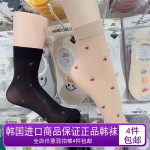韩版东大门黑色短丝袜2021夏季新款天鹅绒褶皱小樱桃玫瑰花图案
