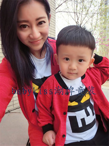 儿童红色针织开衫亲子装春秋季Q1韩版女童男孩宝宝外套母子母女装