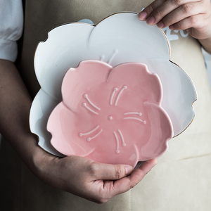 粉色陶瓷樱花描金盘子水果沙拉碗家用甜点寿司盘蘸料碟轻奢金边盘