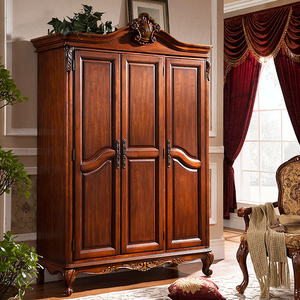 美式实木衣柜三门卧室大衣橱欧式复古家用主卧两门大容量储物柜子