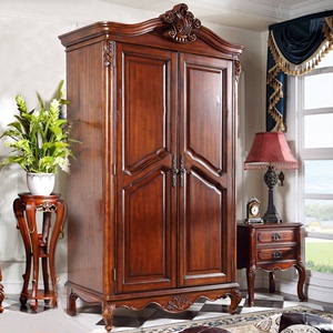 美式全实木卧室大衣柜两三门家具简易衣橱欧式复古储物挂衣柜子