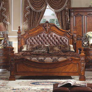 美式全实木头层真皮卧室大床复古欧式主卧婚床双人公主床别墅做旧