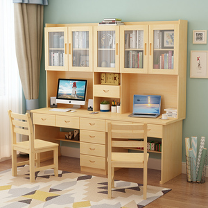 实木双人家用儿童学习书桌柜1.8现代原木一体电脑桌带书架组合2米