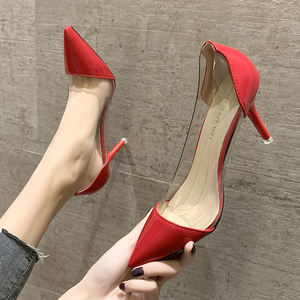鞋子女2024新款韩版百搭网红女鞋透明尖头高跟鞋细跟漆皮浅口单鞋