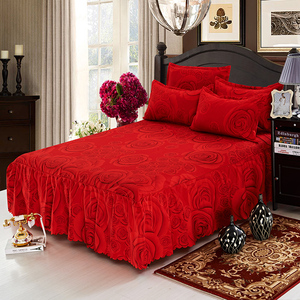 结婚喜庆大红色单件床裙席梦思床罩床套床单1.5m1.8米2米三四件套