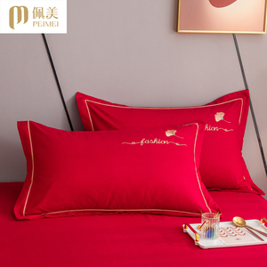 新款结婚房喜庆大红色枕套一对装纯色家用单人枕头套雪花棉枕芯套