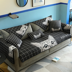 北欧卡通可爱猫咪全棉布艺沙发垫客厅组合沙发巾罩贵妃通用可定制