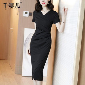 黑色长裙连衣裙女夏季2024新款优雅高端V领收腰修身显瘦气质裙子