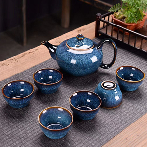 大号水具套装家用客厅功夫茶水杯陶瓷窑变复古风拉丝泡茶壶礼品