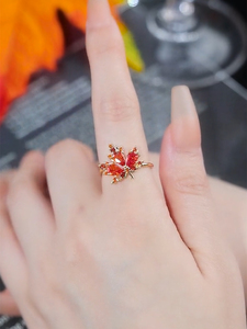 红色枫叶戒指开口可调节设计感网红百搭指环2022新款时尚个性配饰