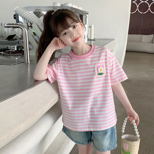 女童T恤2024夏装新款韩版儿童时髦短袖宝宝夏季纯棉时尚打底衫潮
