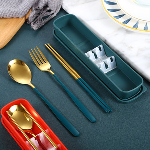 304不锈钢叉勺筷子盒 镀钛金色学生携带便捷收纳餐具礼品礼盒套装
