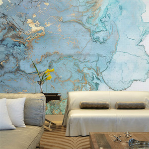 北欧风壁纸复古欧式优雅轻奢烫金蓝色大理石纹电视背景墙无缝墙布