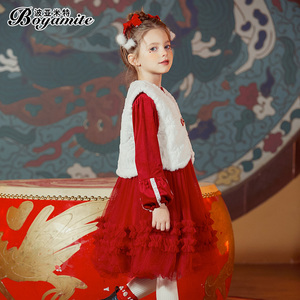 女童红色连衣裙套装冬装2023新款儿童洋气女宝宝新年拜年服套装裙
