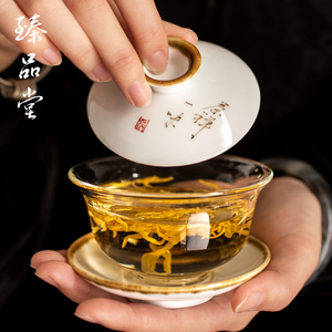 手工玻璃盖碗茶杯透明耐热陶瓷纯手绘三才泡茶碗茶杯家用手抓盖碗