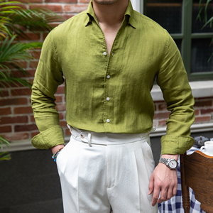 鹿三先生意式男装绅装夏季100%亚麻一片领长袖衬衫透气休闲薄衬衣