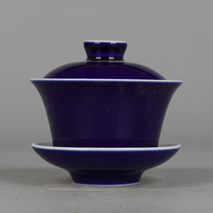【微瑕】仿一九六二年上海市博物馆纪念品霁蓝釉盖碗盖杯茶碗一套
