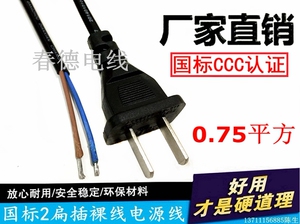 全铜2扁插头线2芯0.3 0.5 0.75平方国标两脚插单头上锡电源线1.5M