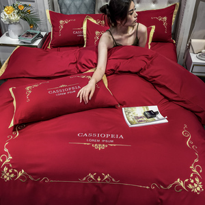 大红色结婚床上用品婚庆床单被套欧式北欧风床笠四季水洗棉四件套