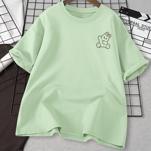 夏季纯棉短袖t恤女2024新款绿色宽松上衣设计感小众牛油果绿半袖