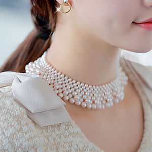 生日礼物~韩国进口正品~编织多排珍珠新娘短项链宽颈链 遮疤痕 特