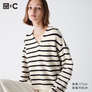 优衣库女装UNIQLO : C条纹V领针织衫(长袖)466365