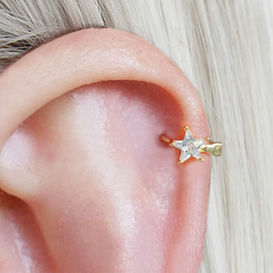 带钻星星耳骨环s925纯银皓石耳扣精致小耳圈圆圈耳环耳骨钉有耳洞