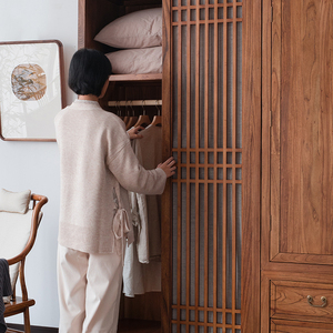 新中式实木衣柜推拉门家用主卧室木质大柜子禅意移门老榆木顶箱柜