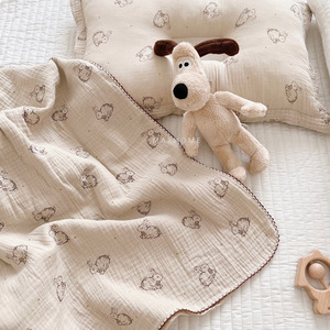 韩国可爱治愈系客供设计全棉四层纱布包巾盖毯幼儿园午睡毯皱布