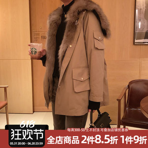 阿茶与阿古卡其绿工装皮草外套男冬季韩版时髦年轻潮流毛毛大衣