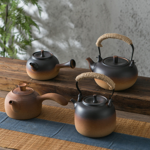 中式陶瓷煮茶壶粗陶麻绳把手提梁壶复古电陶炉侧把壶土陶烧水壶