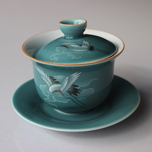 三才盖碗茶杯陶瓷大号泡茶碗敬茶杯功夫茶具霁蓝釉仙鹤套装处理价