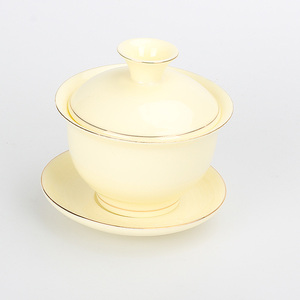 德化羊脂玉描金边茶碗高档陶瓷家用办公三才盖碗小清新组合泡茶杯
