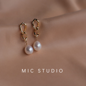MIC·初心 水滴形米粒形天然珍珠耳钉双环子母环镶钻单颗米珠耳环