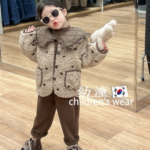 韩国童装女童羊羔毛波点棉服外套2023秋冬季儿童洋气翻领加厚棉衣
