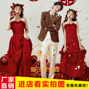 影楼新中式主题服装喜嫁风婚纱摄影轻复古怀旧写真拍照红色礼服