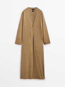 Massimo Dutti 女装 长版棉麻混纺V领休闲纯色针织开襟衫 6686613