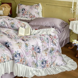 法式复古风全棉100支长绒棉四件套超浪漫紫色田园风花边被套床品