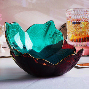 北欧风格百合描金玻璃碗干果盘田园风糖果盘透明水果盘绿色沙拉碗