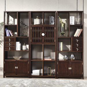 新中式书柜实木乌金黑檀木书橱简约落地组合现代客厅置物自由书架
