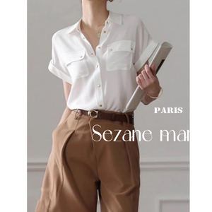Sezane mara法式高级感白色真丝衬衫女夏百搭Polo领短袖雪纺小衫