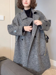 反季长毛灰色双面羊绒大衣女中长款小个子口袋设计感羊毛呢外套