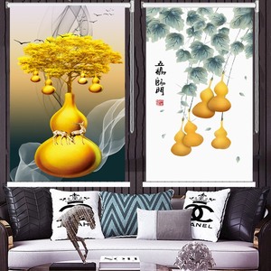 定制卷帘窗帘发财树葫芦福禄山水画轻奢玄关风水升降办公室挂画帘