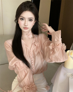 温柔超仙花朵系带v领雪纺衫女春装法式粉色长袖上衣气质宽松衬衣