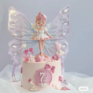 翅膀贝拉公主蛋糕装饰摆件芭蕾舞裙女孩刺绣蝴蝶带灯女生生日插件